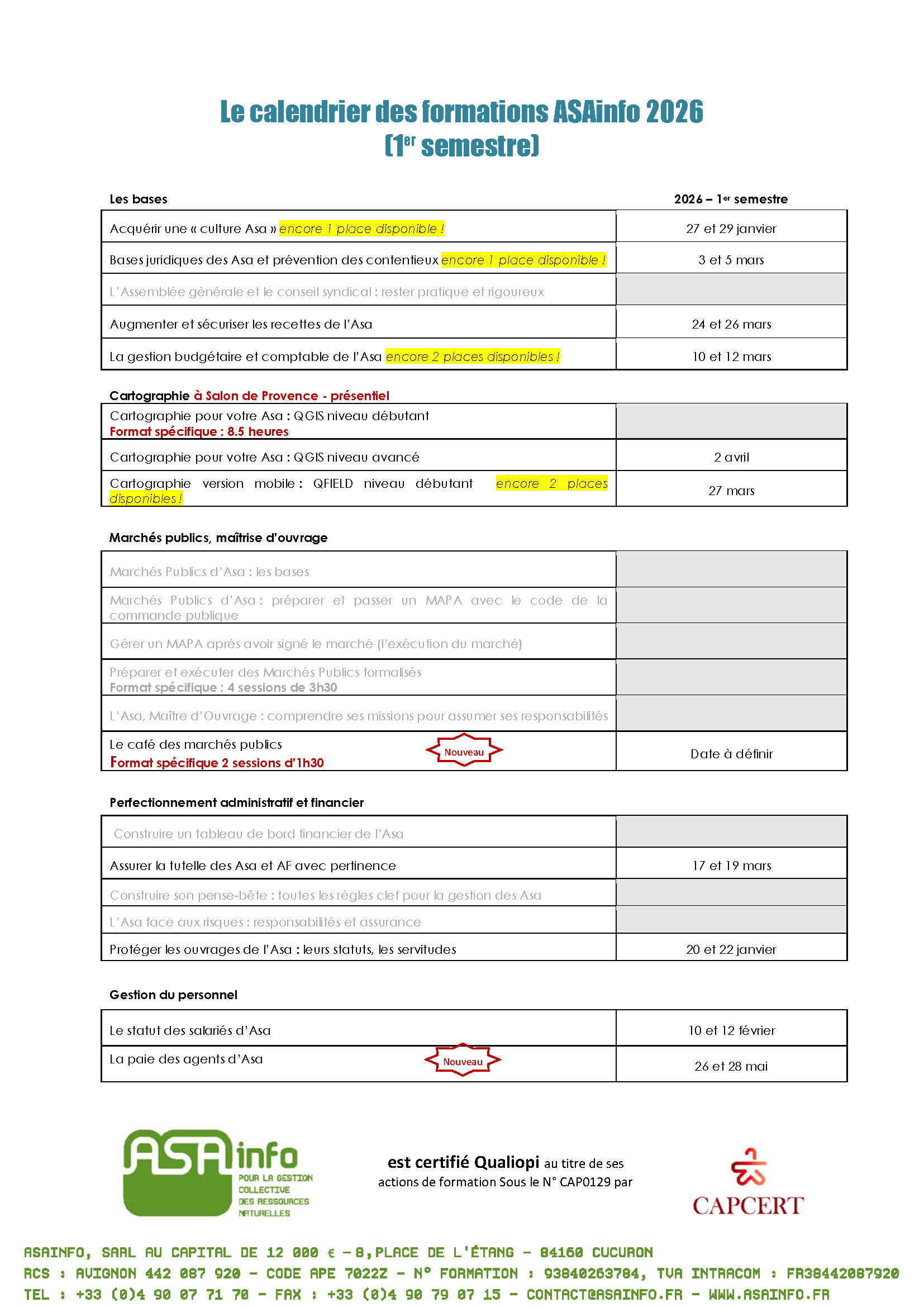 calendrier formations Asainfo